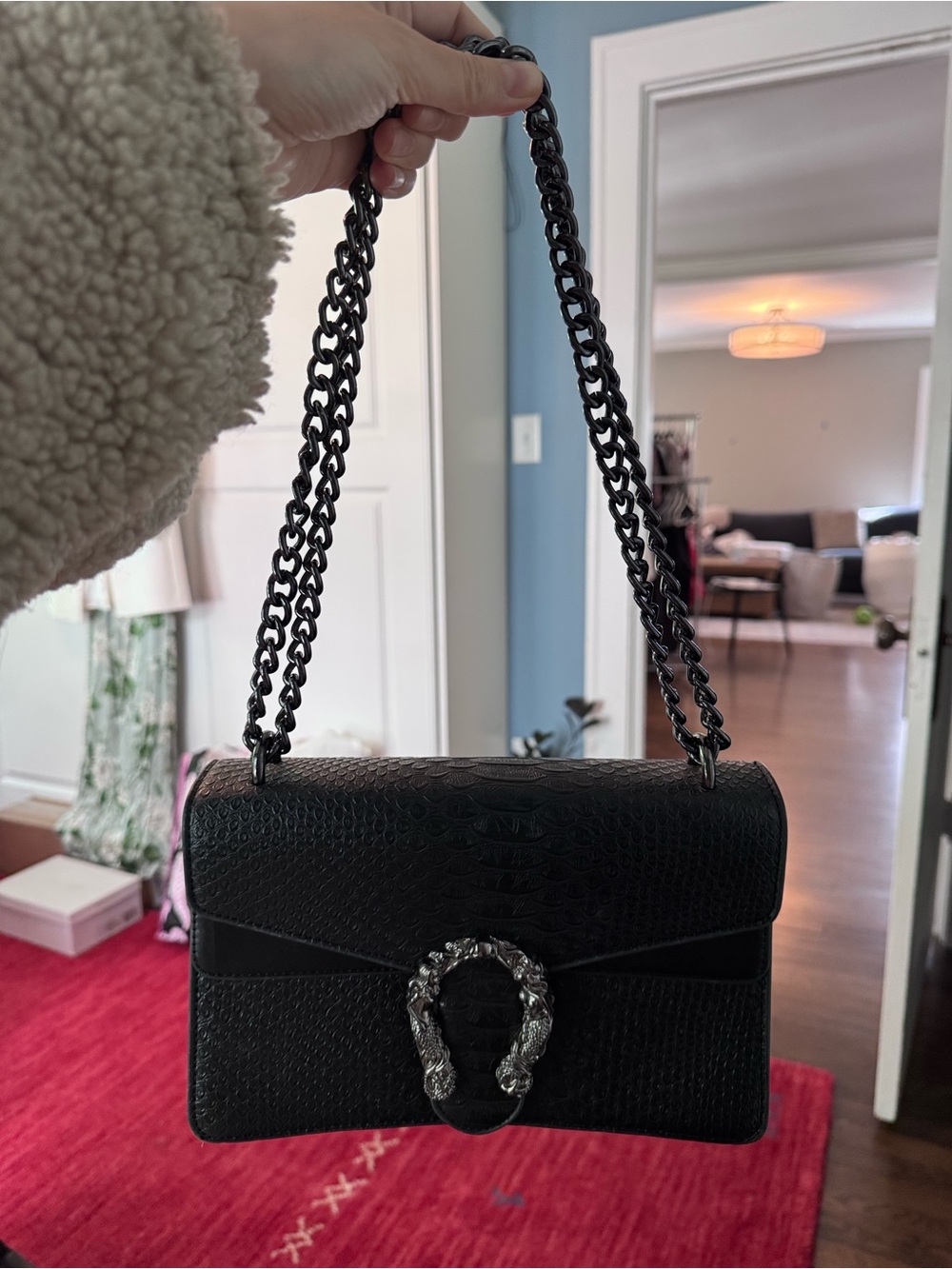 Black Faux-Snake Shoulder Bag with Chain Strap